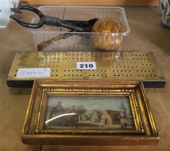 Miniature Dutch scene oil & 4 other items